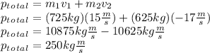 p_t_o_t_a_l=m_1v_1+m_2v_2\\p_t_o_t_a_l=(725kg)(15\frac{m}{s})+(625kg)(-17\frac{m}{s})\\p_t_o_t_a_l=10875kg\frac{m}{s}-10625kg\frac{m}{s}\\p_t_o_t_a_l=250kg\frac{m}{s}