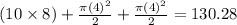 (10 \times 8) + \frac{\pi (4)^{2}  }{2} + \frac{\pi (4)^{2}  }{2} =130.28