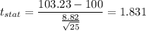 t_{stat} = \displaystyle\frac{103.23- 100}{\frac{8.82}{\sqrt{25}} } = 1.831