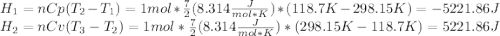H_1=nCp(T_2-T_1)=1mol*\frac{7}{2}(8.314\frac{J}{mol*K})*(118.7K-298.15K)=-5221.86J\\H_2=nCv(T_3-T_2)=1mol*\frac{7}{2}(8.314\frac{J}{mol*K})*(298.15K-118.7K)=5221.86J\\