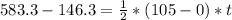 583.3-146.3=\frac{1}{2}*(105-0)*t