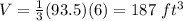 V=\frac{1}{3}(93.5)(6)=187\ ft^{3}
