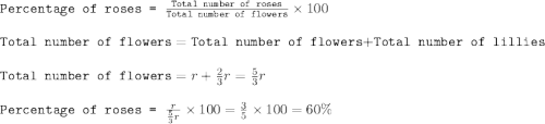 \texttt{Percentage of roses = }\frac{\texttt{Total number of roses}}{\texttt{Total number of flowers}}\times 100\\\\\texttt{Total number of flowers}=\texttt{Total number of flowers}+\texttt{Total number of lillies}\\\\\texttt{Total number of flowers}=r+\frac{2}{3}r=\frac{5}{3}r\\\\\texttt{Percentage of roses = }\frac{r}{\frac{5}{3}r}\times 100=\frac{3}{5}\times 100=60\%