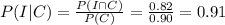 P(I|C)=\frac{P(I\cap C)}{P(C)}=\frac{0.82}{0.90}=0.91