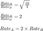 \frac{Rate_{A}}{Rate_{B}}=\sqrt{\frac{16}{4}}\\\\\frac{Rate_{A}}{Rate_{B}}=2\\\\Rate_A=2\times Rate_B