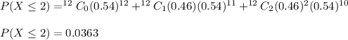 P(X\leq 2)=^{12}C_0(0.54)^{12}+^{12}C_1(0.46)(0.54)^{11}+^{12}C_2(0.46)^2(0.54)^{10}\\\\P(X\leq 2)=0.0363