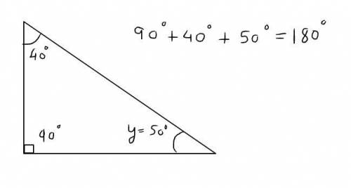Find the value of y in the right triangle below. a. 40 b. 90 c. 30 d. 50
