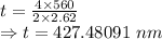 t=\frac{4\times 560}{2\times 2.62}\\\Rightarrow t=427.48091\ nm