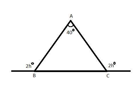 Atriangle with exterior angles is shown. a triangle sits on a line and forms 2 exterior angles on th
