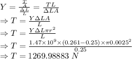 Y=\frac{\frac{T}{A}}{\frac{\Delta L}{L}}=\frac{TL}{\Delta LA}\\\Rightarrow T=\frac{Y\Delta LA}{L}\\\Rightarrow T=\frac{Y\Delta L\pi r^2}{L}\\\Rightarrow T=\frac{1.47\times 10^9\times (0.261-0.25)\times \pi 0.0025^2}{0.25}\\\Rightarrow T=1269.98883\ N