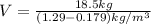 V=\frac{18.5kg}{(1.29-0.179)kg/m^3}