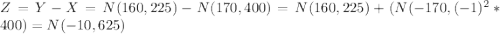 Z = Y-X = N(160,225) - N(170,400) = N(160,225) + (N(-170,(-1)^2 * 400) = N(-10,625)