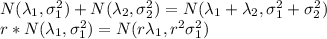 N(\lambda_1, \sigma^2_1) + N(\lambda_2, \sigma^2_2) = N(\lambda_1 + \lambda_2,\sigma^2_1 + \sigma^2_2) \\r* N(\lambda_1, \sigma^2_1) = N(r\lambda_1,r^2\sigma^2_1)