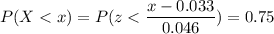 P( X < x) = P( z < \displaystyle\frac{x - 0.033}{0.046})=0.75
