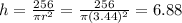 h=\frac{256}{\pi r^2}=\frac{256}{\pi (3.44)^2}=6.88
