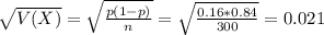 \sqrt{V(X)} = \sqrt{\frac{p(1-p)}{n}} = \sqrt{\frac{0.16*0.84}{300}} = 0.021