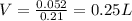 V=\frac{0.052}{0.21}=0.25L