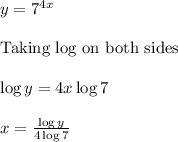 y=7^{4x}\\\\ \text{Taking log on both sides}\\\\ \log y=4x \log 7\\\\x=\frac{\log y}{4 \log 7}