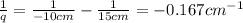 \frac{1}{q}=\frac{1}{-10 cm}-\frac{1}{15 cm}=-0.167 cm^{-1}