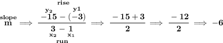 \bf \stackrel{slope}{m}\implies \cfrac{\stackrel{rise} {\stackrel{y_2}{-15}-\stackrel{y1}{(-3)}}}{\underset{run} {\underset{x_2}{3}-\underset{x_1}{1}}}\implies \cfrac{-15+3}{2}\implies \cfrac{-12}{2}\implies -6