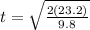 t = \sqrt{\frac{2(23.2)}{9.8}}