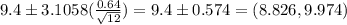 9.4 \pm 3.1058(\frac{0.64}{\sqrt{12}} ) = 9.4 \pm 0.574 = (8.826,9.974)