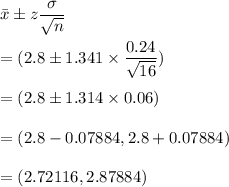 \bar{x}\pm z\dfrac{\sigma}{\sqrt{n}}\\\\=(2.8\pm 1.341\times \dfrac{0.24}{\sqrt{16}})\\\\=(2.8\pm 1.314\times 0.06)\\\\=(2.8-0.07884,2.8+0.07884)\\\\=(2.72116,2.87884)