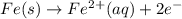 Fe(s)\rightarrow Fe^{2+}(aq)+2e^-
