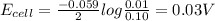 E_{cell}=\frac{-0.059}{2}log{\frac{0.01}{0.10}}=0.03V
