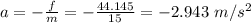 a=-\frac{f}{m}=-\frac{44.145}{15}=-2.943\ m/s^2