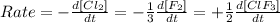 Rate=-\frac{d[Cl_2]}{dt}=-\frac{1}{3}\frac{d[F_2]}{dt}=+\frac{1}{2}\frac{d[ClF_3]}{dt}
