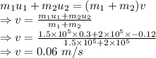 m_1u_1 + m_2u_2 =(m_1 + m_2)v\\\Rightarrow v=\frac{m_1u_1 + m_2u_2}{m_1 + m_2}\\\Rightarrow v=\frac{1.5\times 10^5\times 0.3 + 2\times 10^5\times -0.12}{1.5\times 10^5 + 2\times 10^5}\\\Rightarrow v=0.06\ m/s