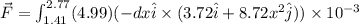 \vec{F}=\int_{1.41}^{2.77}(4.99)(-dx\hat{i}\times (3.72\hat{i}+8.72x^2\hat{j}))\times 10^{-3}