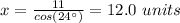 x=\frac{11}{cos(24\°)}=12.0\ units