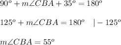 90^o+m\angle CBA+35^o=180^o\\\\125^o+m\angle CBA=180^o\ \ \ |-125^o\\\\m\angle CBA=55^o