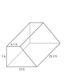 the volume of the trapezoidal prism is 1279.152 cubic feet. determine the height of the trapezoidal