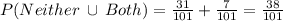 P(Neither\: \cup\:Both)=\frac{31}{101}+\frac{7}{101}=\frac{38}{101}