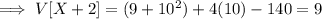 \implies V[X+2]=(9+10^2)+4(10)-140=9