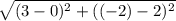 \sqrt{(3-0)^2+((-2)-2)^2}