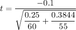 t=\dfrac{-0.1}{\sqrt{\dfrac{0.25}{60}+\dfrac{0.3844}{55}}}