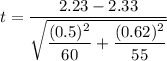t=\dfrac{2.23-2.33}{\sqrt{\dfrac{(0.5)^2}{60}+\dfrac{(0.62)^2}{55}}}