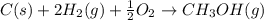 C(s)+2H_2(g)+\frac{1}{2}O_2\rightarrow CH_3OH(g)
