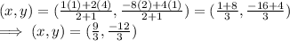 (x,y) = (\frac{1(1) + 2(4)}{2+1} ,\frac{-8(2)+ 4(1)}{2+1} ) = (\frac{1+8}{3}, \frac{-16+4}{3} )\\\implies (x,y) = (\frac{9}{3} ,\frac{-12}{3} )