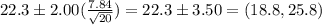 22.3 \pm 2.00(\frac{7.84}{\sqrt{20}} ) = 22.3 \pm 3.50 = (18.8,25.8)