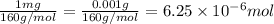 \frac{1 mg}{160 g/mol}=\frac{0.001 g}{160 g/mol}=6.25\times 10^{-6} mol