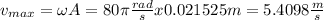 v_{max}=\omega A=80\pi \frac{rad}{s}x0.021525m=5.4098\frac{m}{s}