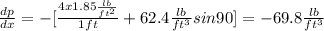 \frac{dp}{dx}=-[\frac{4x1.85\frac{lb}{ft^2}}{1ft}+62.4\frac{lb}{ft^3} sin90]=-69.8\frac{lb}{ft^3}