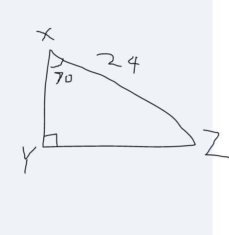 Right triangle xyz has a right angle at vertex y and a hypotenuse that measures 24cm. angle zxy meas