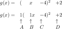 \bf \begin{array}{llllll}&#10;g(x)=&(&x&-4)^2&+2\\\\&#10;g(x)=&1(&1x&-4)^2&+2\\&#10;&\uparrow &\uparrow &\uparrow &\uparrow \\&#10;&A&B&C&D&#10;\end{array}