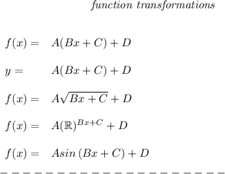 \bf \qquad \qquad \qquad \qquad \textit{function transformations}&#10;\\ \quad \\\\&#10;% left side templates&#10;\begin{array}{llll}&#10;f(x)=&{{  A}}({{  B}}x+{{  C}})+{{  D}}&#10;\\ \quad \\&#10;y=&{{  A}}({{  B}}x+{{  C}})+{{  D}}&#10;\\ \quad \\&#10;f(x)=&{{  A}}\sqrt{{{  B}}x+{{  C}}}+{{  D}}&#10;\\ \quad \\&#10;f(x)=&{{  A}}(\mathbb{R})^{{{  B}}x+{{  C}}}+{{  D}}&#10;\\ \quad \\&#10;f(x)=&{{  A}} sin\left({{ B }}x+{{  C}}  \right)+{{  D}}&#10;\end{array}\\\\&#10;--------------------\\\\
